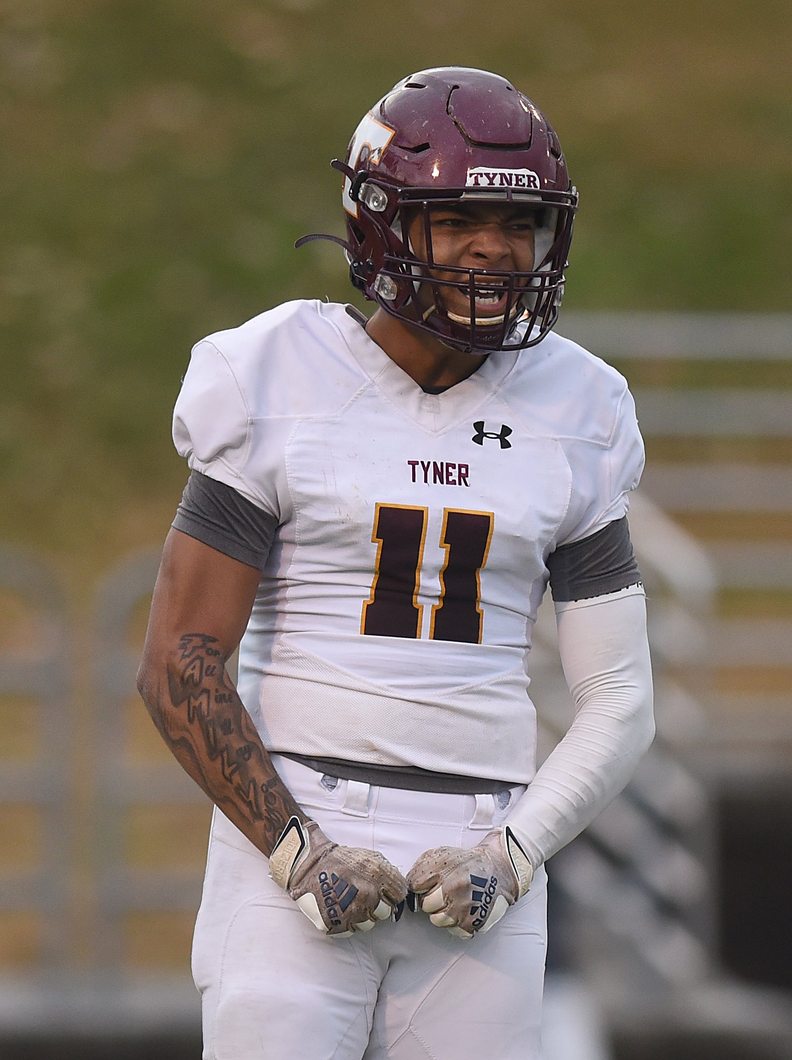 Staff Photo by Matt Hamilton / Tyner (11) Travis Ruffin reacts after scoring the first touchdown of the game for Tyner during the Class 2A BlueCross Bowl state championship game at Finley Stadium on Saturday, December 3, 2022.