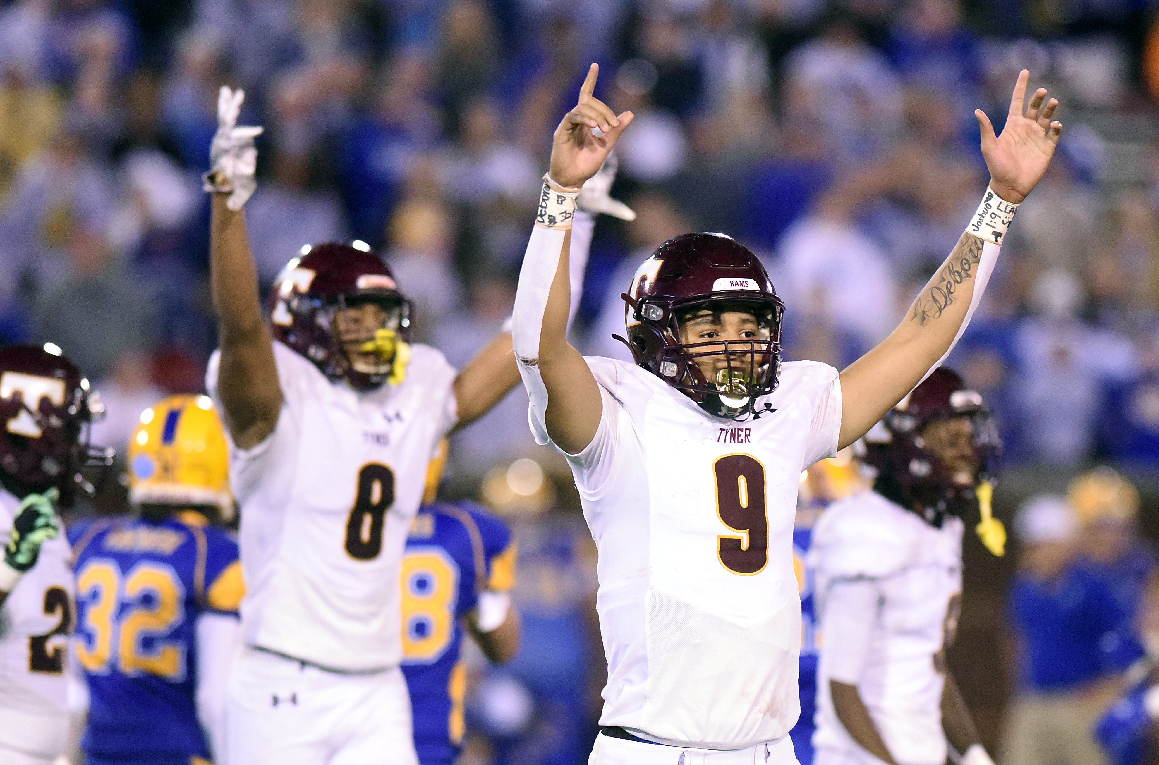Staff Photo by Matt Hamilton / Tyner (8) Josiah Bridgeman and (9) Joshua Jackson celebrate after recovering the onside kick during the Class 2A BlueCross Bowl state championship game at Finley Stadium on Saturday, December 3, 2022.