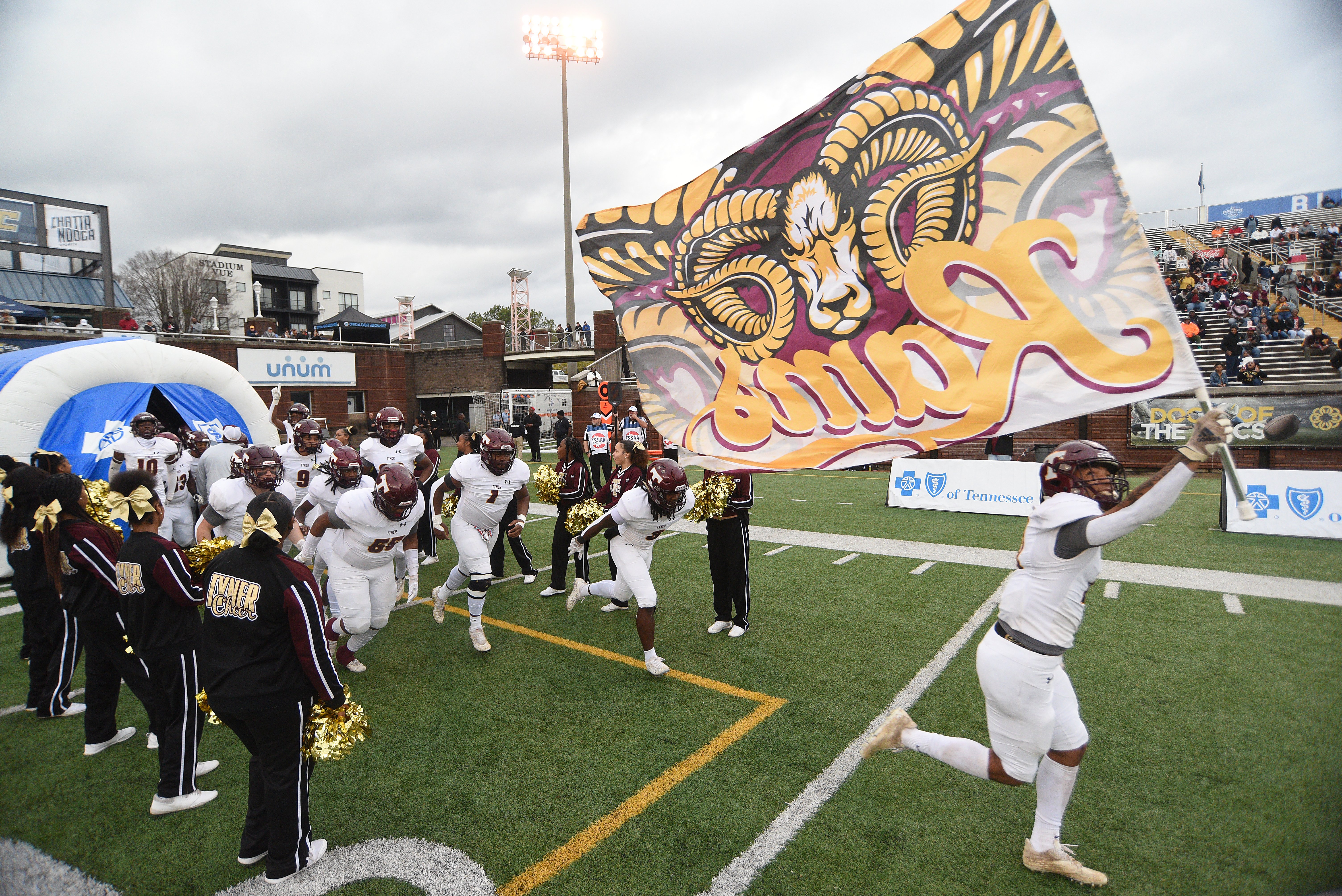 Staff Photo by Matt Hamilton / Tyner takes the field before the start of the Class 2A BlueCross Bowl state championship game at Finley Stadium on Saturday, December 3, 2022.