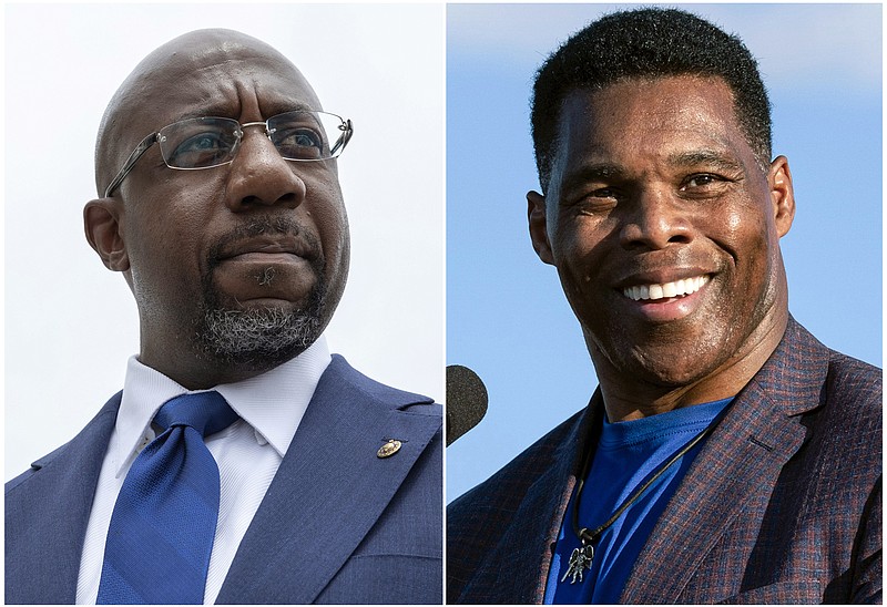 This combination of photos shows, Sen. Raphael Warnock, D-Ga., speaking to reporters on Capitol Hill in Washington, Aug. 3, 2021, left, and Republican Senate candidate Herschel Walker speaking in Perry, Ga., Sept. 25, 2021. (AP Photo)