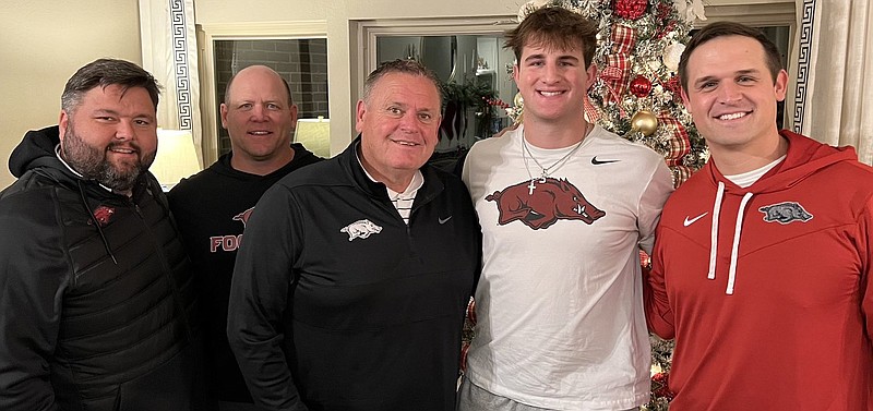 Arkansas coaches Cody Kennedy, Barry Odom, Sam Pittman and Michael Scherer did an in-home visit with linebacker commitment Carson Dean.