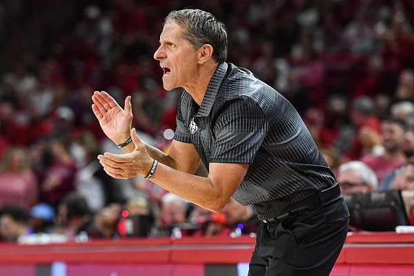 Arkansas coach Eric Musselman reacts, Saturday, Dec. 3, 2022, during the second half of the Razorbacks’ 99-58 win over the San Jose State Spartans at Bud Walton Arena in Fayetteville. Visit nwaonline.com/photo for the photo gallery.