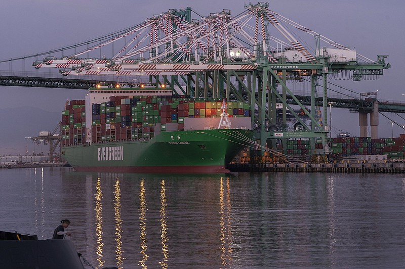 The container ship Ever Libra is moored at the Port of Los Angeles on Nov. 21. The supply backlogs of the past two years have improved dramatically since summer. More photos at arkansasonline.com/128supplies/.
(AP/Damian Dovarganes)