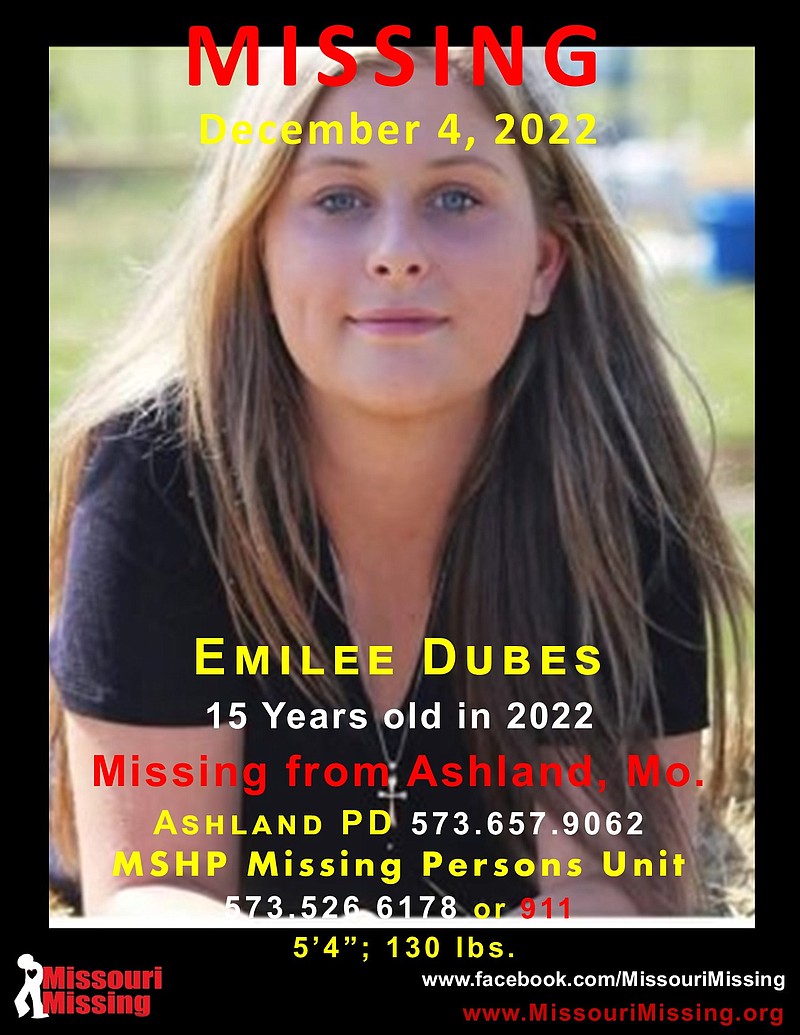 This graphic issued by Missouri Missing reports Emilee Dubes went missing from Ashland, Mo., on December 4, 2022.