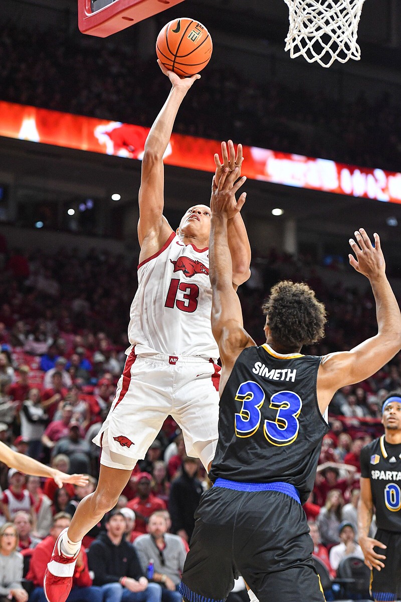 Arkansas 6-7 freshman forward Jordan Walsh (13) is one of several Razorbacks who could see their playing time increase with the loss of Trevon Brazile, who suffered a season-ending knee injury Tuesday night.
(NWA Democrat-Gazette/Hank Layton)