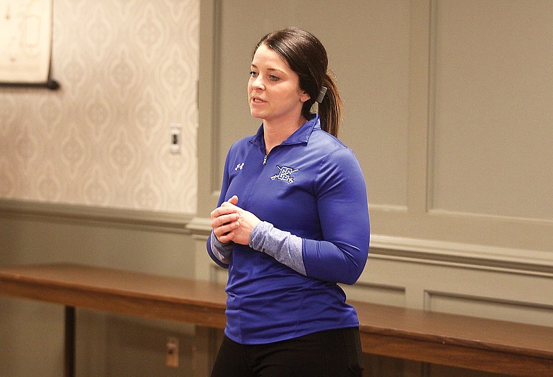 Capital City girls basketball coach Ashley Agee discusses her team's start to the season during Wednesday's press conference for the Holiday Hoops Classic at Jefferson Bank. (Greg Jackson/News Tribune)