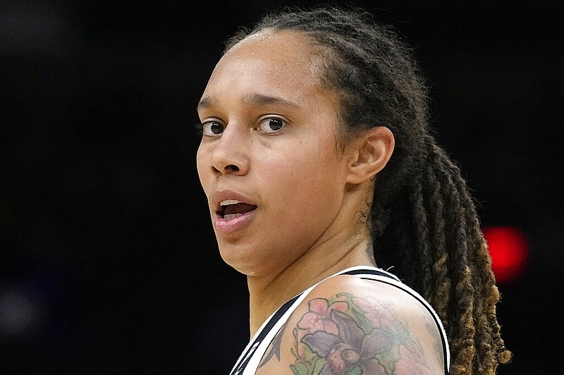 FILE - Phoenix Mercury center Brittney Griner during the first half of Game 2 of basketball's WNBA Finals against the Chicago Sky, Oct. 13, 2021, in Phoenix. Russia has freed WNBA star Brittney Griner in a dramatic high-level prisoner exchange, with the U.S. releasing notorious Russian arms dealer Viktor Bout. (AP/Rick Scuteri, File)