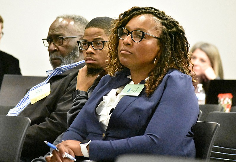 Marvell-Elaine School Board President Clyde Williams (from left), board member Justin Cox and Superintendent Katina Ray attend a a state Board of Education meeting Thursday in Little Rock on the fate of their district.
(Pine Bluff Commercial/I.C. Murrell)