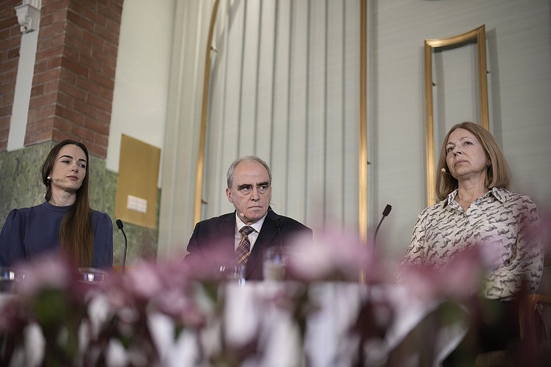 Oleksandra Matviichuk (from left), Yan Rachinsky and Natallia Pintsyuk, wife of jailed Nobel Peace Prize honoree Ales Bialiatski, attend a news conference Friday on the eve of the Nobel Peace Prize ceremony at the Norwegian Nobel Institute in Oslo.
(AP/ Markus Schreiber)