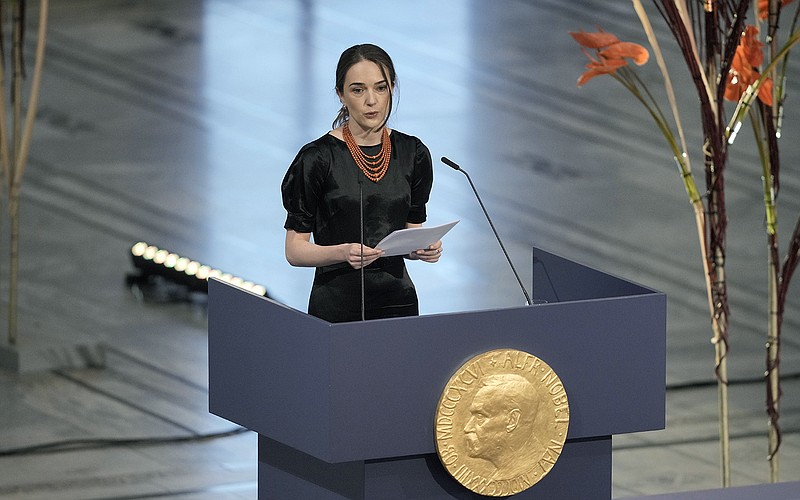 “People’s lives cannot be a ‘political compromise,’” Oleksandra Matviychuk declared Saturday at Oslo City Hall in accepting the Nobel Peace Prize for Ukraine’s Center for Civil Liberties. “Fighting for peace does not mean yielding to pressure of the aggressor; it means protecting people from its cruelty.”
(AP/Markus Schreiber)