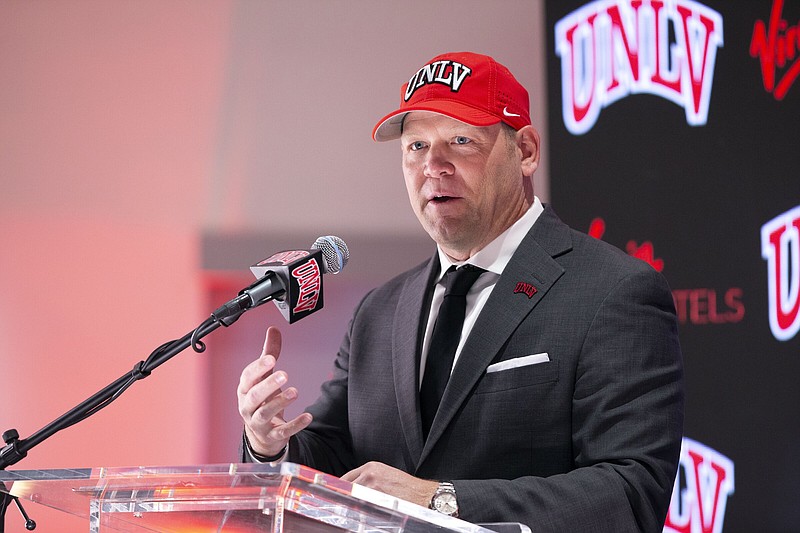 Barry Odom, UNLV college football head coach, speaks during a news conference at UNLV in Las Vegas Wednesday, Dec. 7, 2022.  (Steve Marcus/Las Vegas Sun via AP)