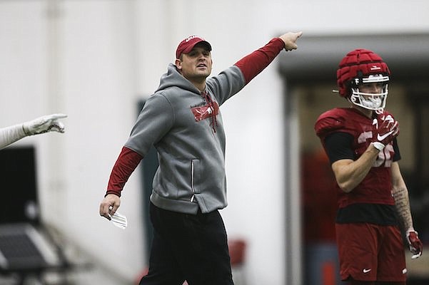 Arkansas linebackers coach Michael Scherer is shown during practice Friday, Dec. 16, 2022, in Fayetteville.