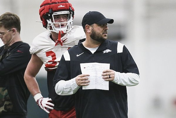 Arkansas tight ends coach Morgan Turner is shown during practice Friday, Dec. 16, 2022, in Fayetteville.