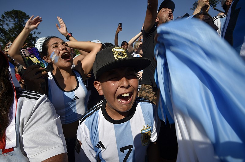 Argentina soccer fans celebrate their team's opening goal a they watch the team's World Cup semifinal match against Croatia, hosted by Qatar, on a screen set up in the Palermo neighborhood of Buenos Aires, Argentina, Tuesday, Dec. 13, 2022. (AP Photo/Gustavo Garello)