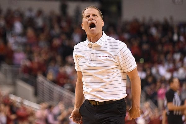 Arkansas coach Eric Musselman fires up the crowd during a game against Bradley on Saturday, Dec. 17, 2022, in North Little Rock.