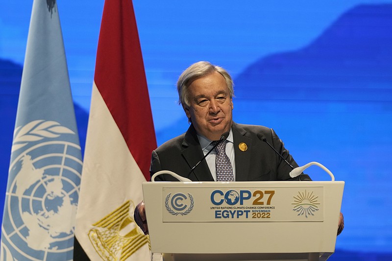 FILE - United Nations Secretary-General Antonio Guterres speaks during a session at the COP27 U.N. Climate Summit, Nov. 9, 2022, in Sharm el-Sheikh, Egypt. Guterres urged world leaders to take “credible” new action to curb climate change, warning that efforts so far fall short of what’s needed to avert catastrophe. (AP Photo/Peter Dejong, File)
