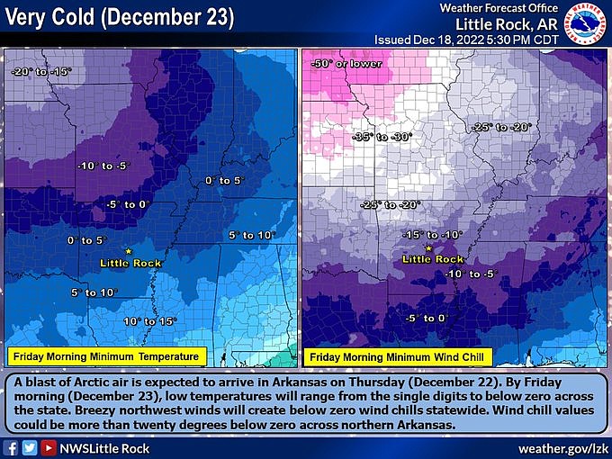 This map from the National Weather Service shows freezing temperatures forecast Friday in Arkansas as a front of Arctic air moves across the country. (National Weather Service/Twitter)