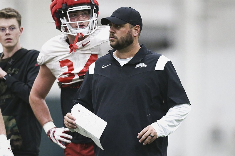 Tight Ends Coach Morgan Turner leads a practice, Friday, December 16, 2022 during a practice at the Razorback Practice Field. Hogs resumed practice for Liberty Bowl. Visit nwaonline.com/photo for today's photo gallery...(NWA Democrat-Gazette/Charlie Kaijo)
