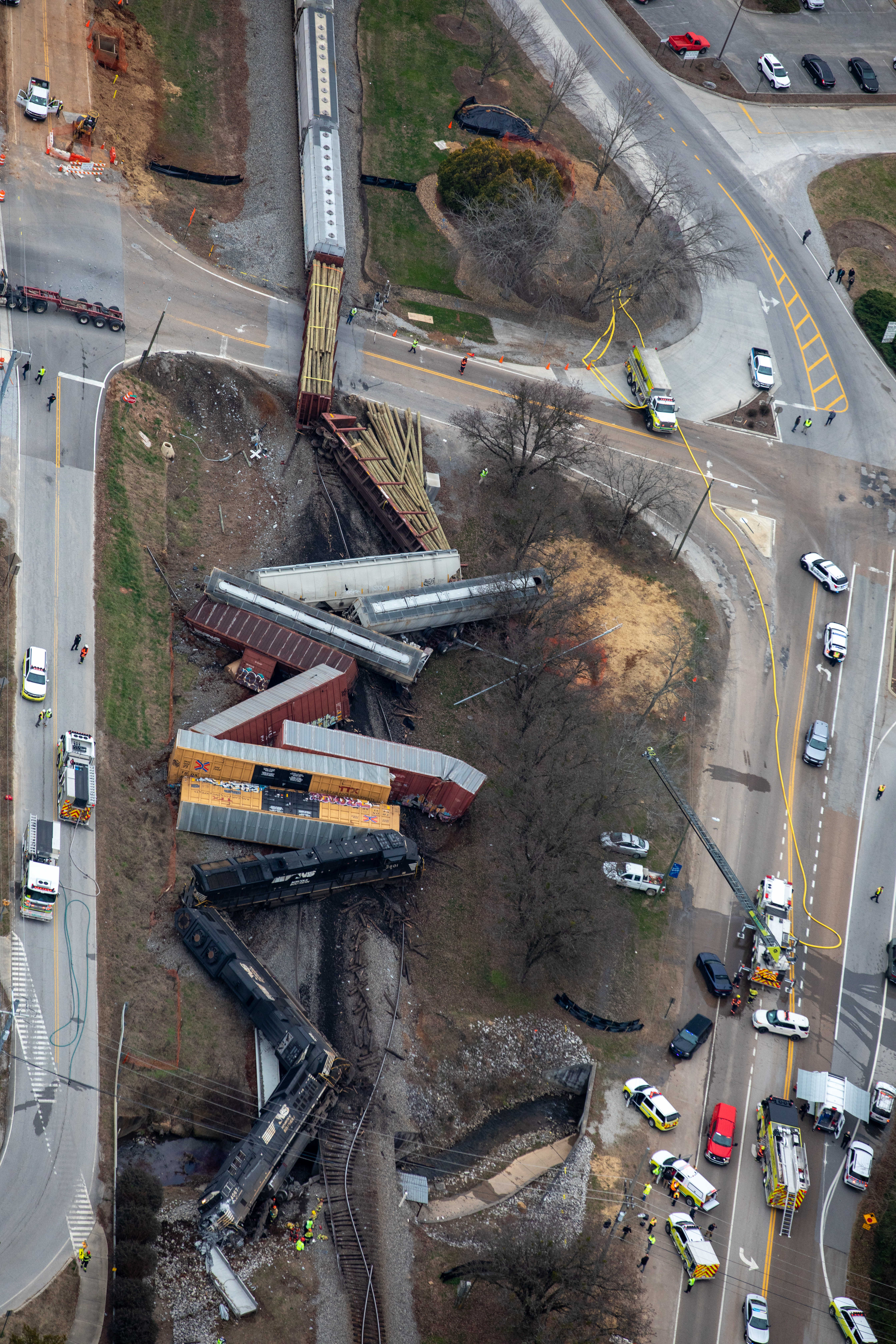 Photo by Todd Pettibone Aviation Specialists Inc. / Emergency vehicles respond to the scene of a Norfolk Southern Railway train derailment in Collegedale on December 20, 2022.