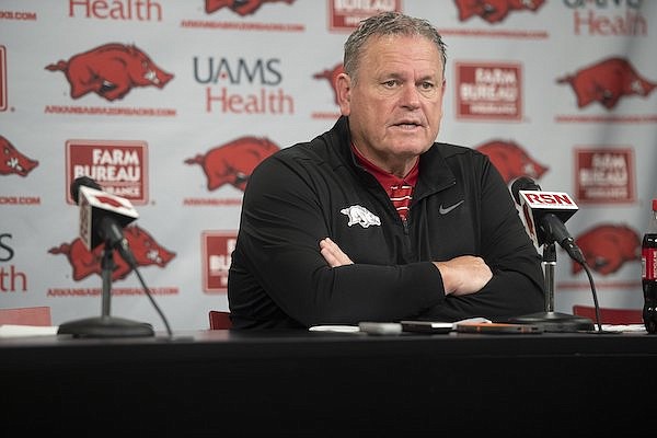 Arkansas coach Sam Pittman is shown during a national signing day news conference Wednesday, Dec. 21, 2022, in Fayetteville.