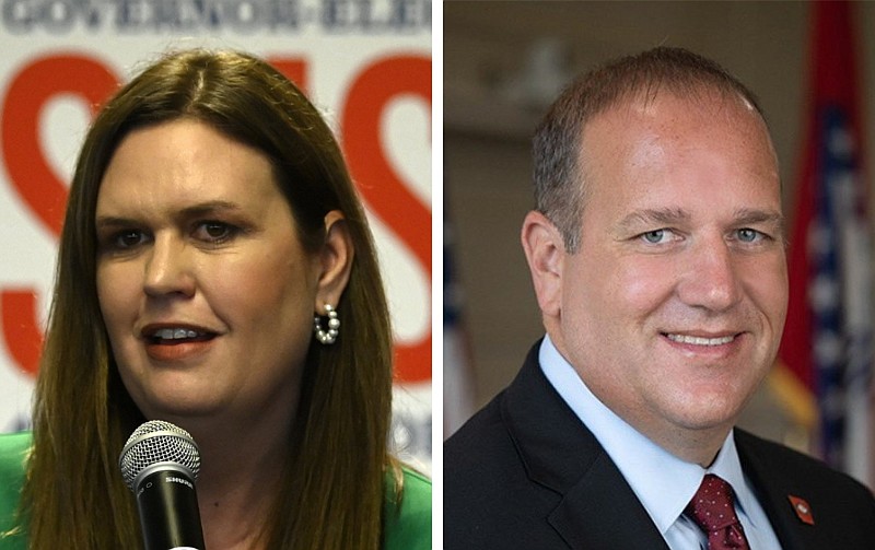 Arkansas Gov.-elect Sarah Huckabee Sanders and Shane Khoury, the chief counsel for the Arkansas Department of Energy and Environment, are shown in these file photos. Sanders announced Wednesday, Dec. 21, 2022 that she intends to nominate Khoury as the department's secretary. (Left, Arkansas Democrat-Gazette/Stephen Swofford; right, courtesy photo)