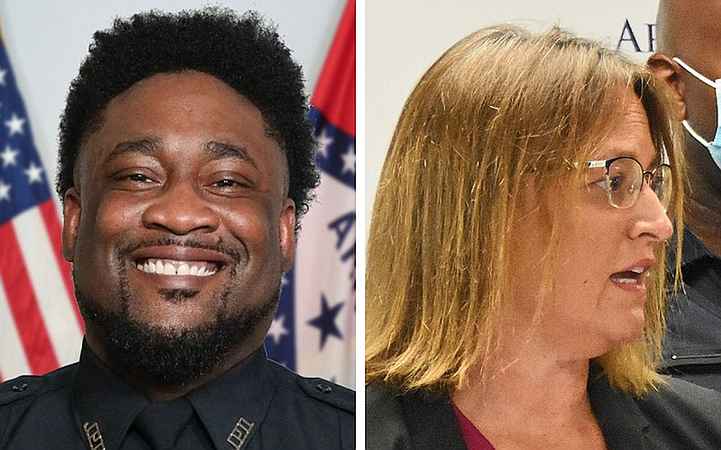 Patrolman Vincent Parks (left) of the Jonesboro Police Department, and Jami Cook, who in September 2021 was the secretary of the Arkansas Department of Public Safety, are shown in these file photos. (Left, Jonesboro Police Department courtesy photo; right, Arkansas Democrat-Gazette/Staci Vandagriff)