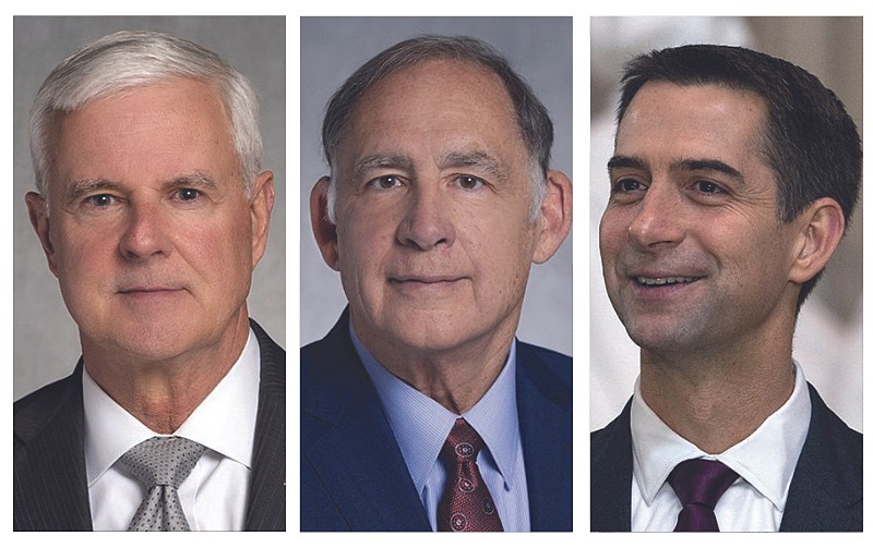 From left, U.S. Rep. Steve Womack and U.S. Sens. John Boozman and Tom Cotton, all R-Ark., are shown in undated file photos. (Left and center, courtesy photos; right, AP/Alex Brandon)