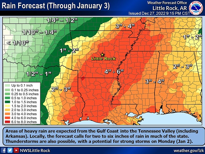 Forecasters expect as much as 6 inches of rain in portions of the state through Jan. 3, according to this National Weather Service graphic.