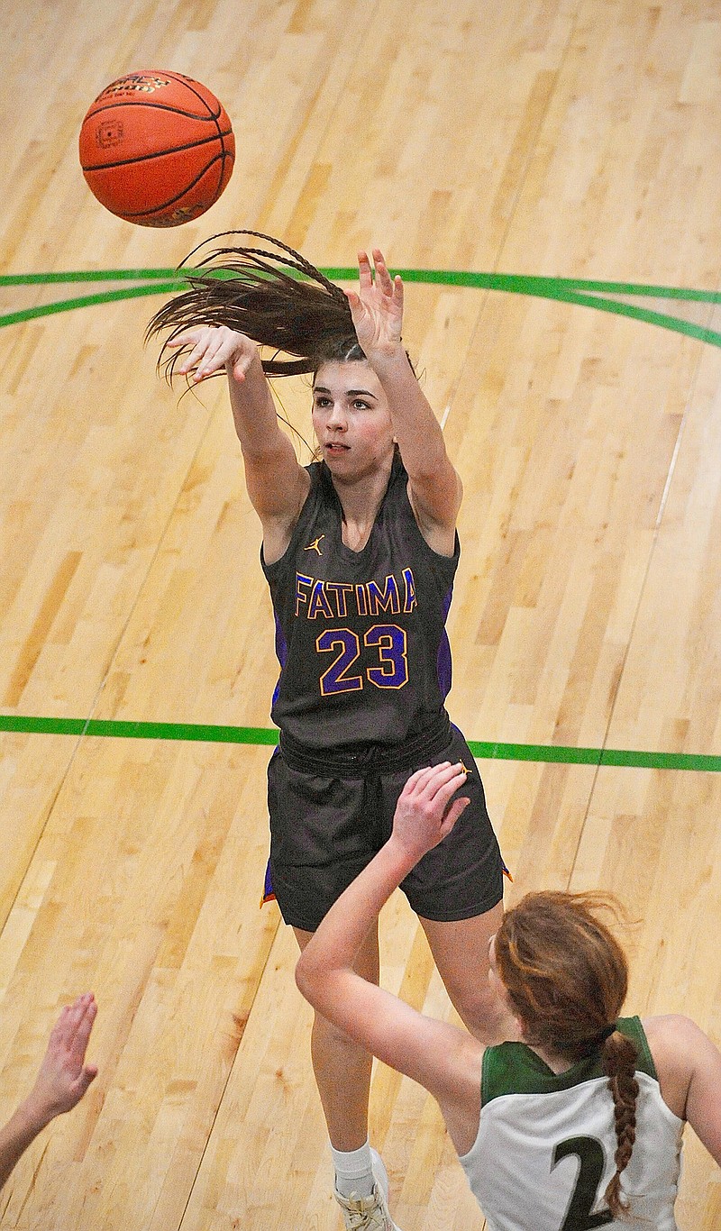 Fatima's Vivian Bax takes a shot in the lane during last week's game against Blair Oaks in Wardsville. (Shaun Zimmerman/News Tribune)