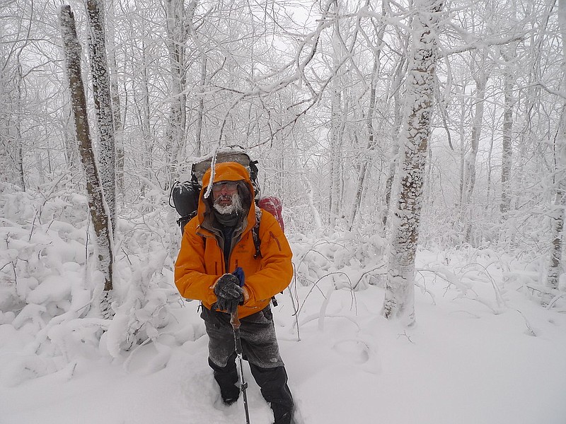 Walter "Tipi" Wehner makes his way from the top of a mountain down to the South Fork Citico Creek Trail in Cherokee National Forest. He had heard on his weather radio that additional snow was expected and decided to move to a lower elevation. / Photo by Walter "Tipi" Wehner