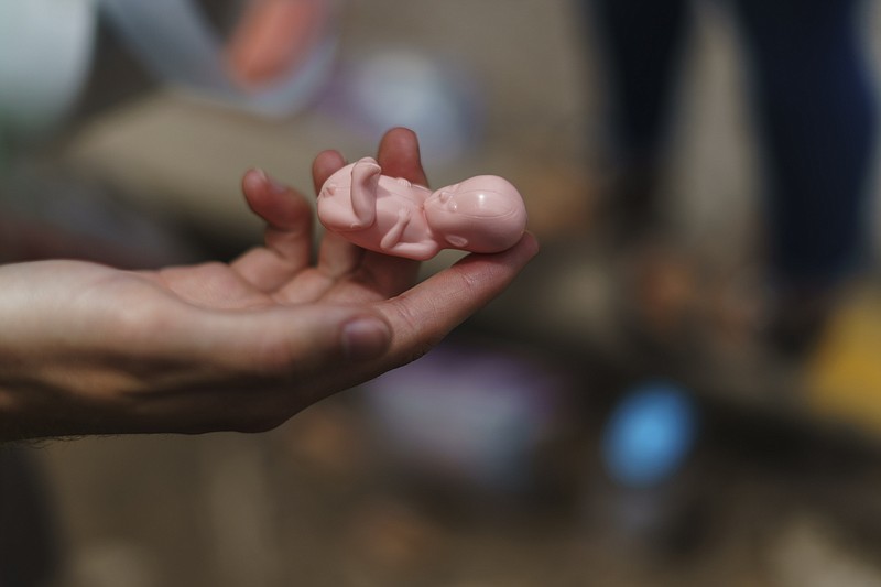 A member of the anti-abortion group, A Moment of Hope, holds a plastic model of a fetus 12 weeks into its development, as part of a gift bag they try to hand out to patients arriving for abortion appointments at a Planned Parenthood clinic, Friday, May 27, 2022, in Columbia, S.C. (AP Photo/David Goldman)