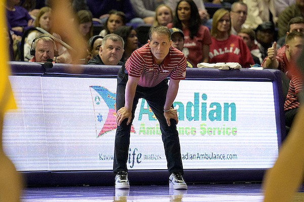 Arkansas head coach Eric Musselman watches his team during the first half of an NCAA college basketball game against LSU in Baton Rouge, La., Wednesday, Dec. 28, 2022. (AP Photo/Matthew Hinton)