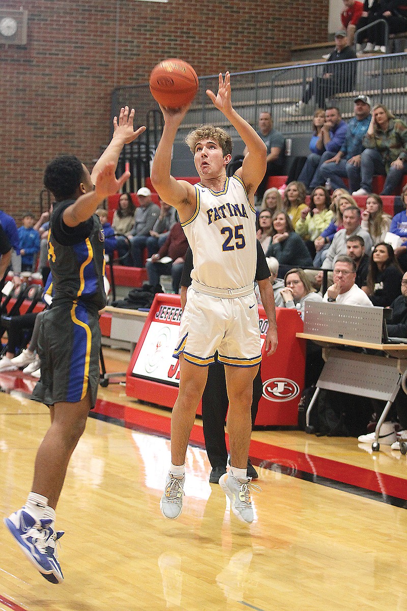 Fatima’s Cooper Kleffner shoots a 3-pointer during Wednesday’s first-round game against Oxford, Miss., in the Joe Machens Great 8 Classic at Fleming Fieldhouse. (Greg Jackson/News Tribune)