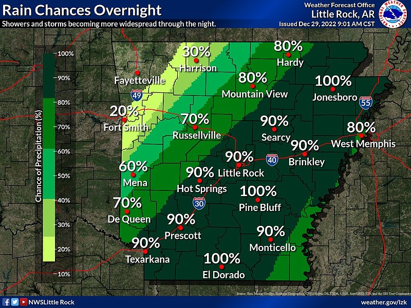 This map from the National Weather Service shows the overnight rain chances in the state for Thursday, Dec. 29, 2022. (National Weather Service/Twitter)