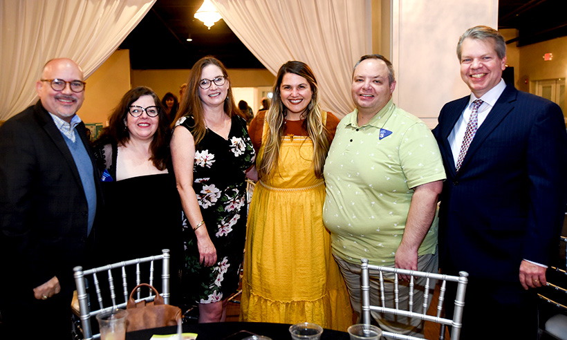 Ronnie Minton, Debbie Mann Tanner, Jenny Mulqueeney, Megan Roberts, John Collins and David Karnes, from left, all with Local 3 News, attend Pet Placement Center's Tails at Twilight fundraiser on Thursday, Nov. 10, 2022 at Restoration Southside. Karnes was emcee for the event. / Photo by Angela Foster