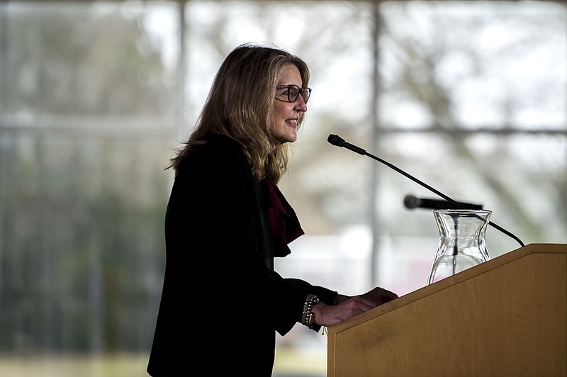 Dr. Susan S. Smyth, dean of the University of Arkansas for Medical Sciences College of Medicine, addresses fourth-year medical students during the college's Match Day Ceremony at Heifer International in Little Rock in this March 18, 2022 file photo. Smyth, who was also executive vice chancellor at UAMS, died Saturday, Dec. 31, 2022, after a battle with cancer, the school announced. She was 57. (Arkansas Democrat-Gazette/Stephen Swofford)