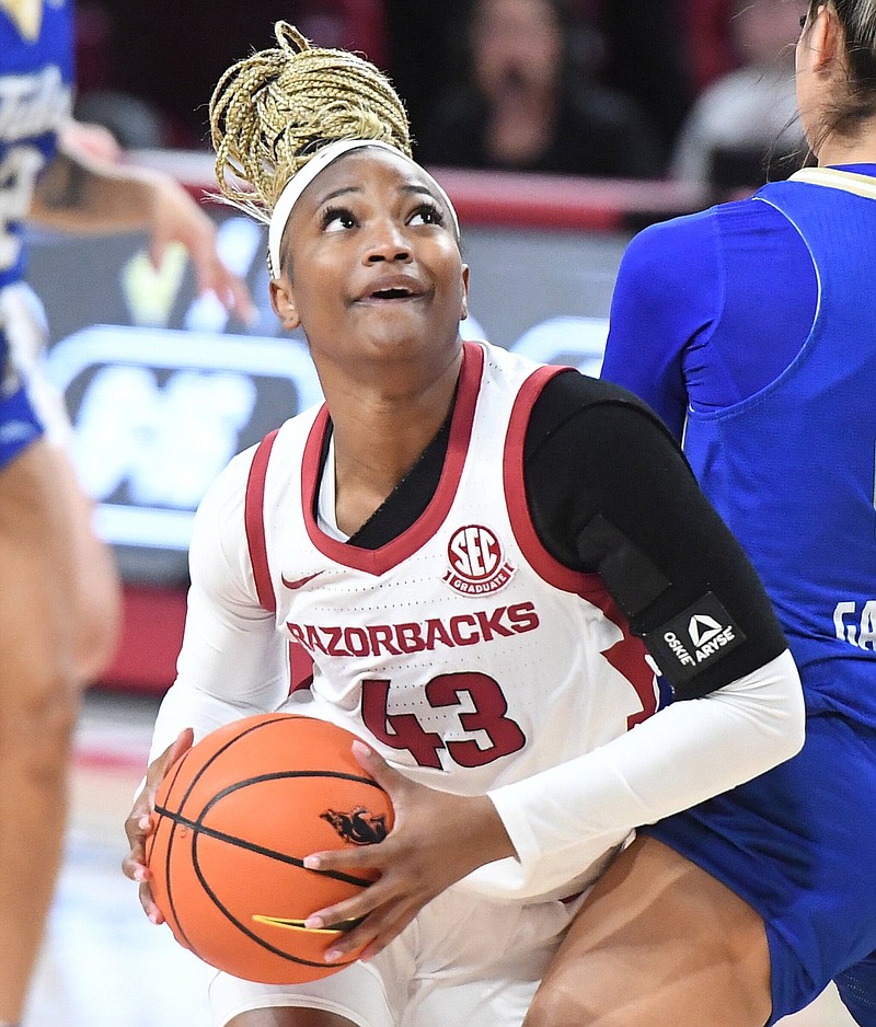 Arkansasâ€™ Makayla Daniels drives to the basket while Tulsaâ€™s Katia Gallegos defends Monday Nov. 14, 2022 at Bud Walton Arena in Fayetteville. Visit nwaonline.com/221115Daily/ for today's photo gallery.  (NWA Democrat-Gazette/J.T. Wampler).
