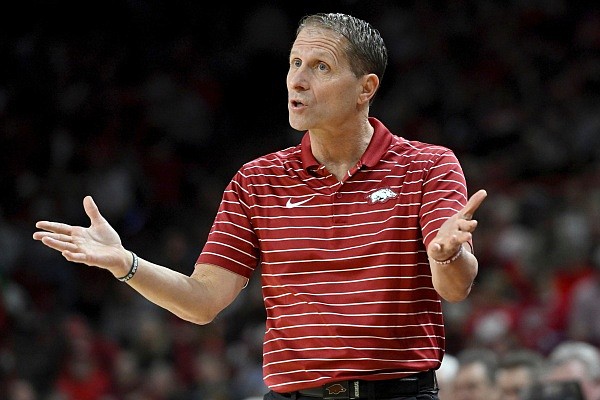 Arkansas coach Eric Musselman reacts to a play against UNC-Asheville during an NCAA college basketball game Wednesday, Dec. 21, 2022, in Fayetteville, Ark. (AP Photo/Michael Woods)