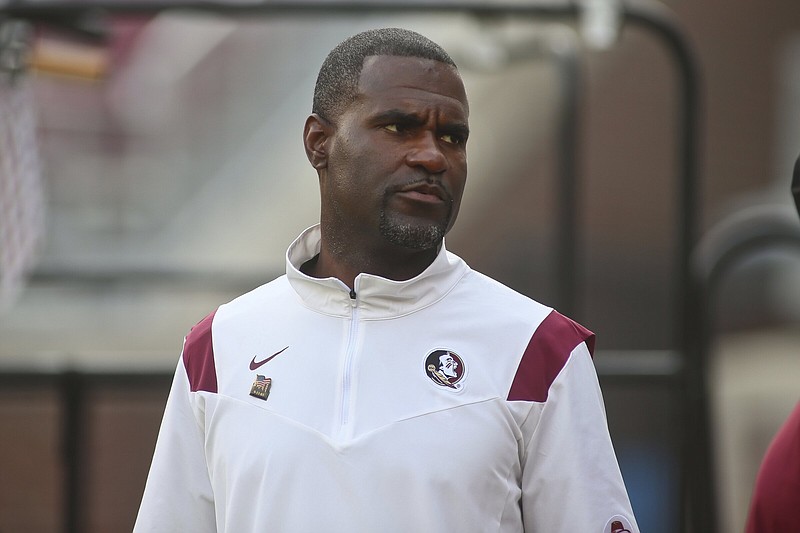 Florida State defensive backs coach/defensive passing game coordinator Marcus Woodson before the start of an NCAA college football game against Jacksonville State Saturday, Sept. 11, 2021, in Tallahassee, Fla. Jacksonville State won 20-17. (AP Photo/Phil Sears)