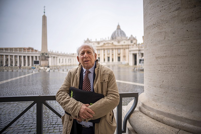 Former Associated Press Rome Bureau Chief Victor Simpson poses for a portrait after an interview with The Associated Press at the Vatican on April 29, 2021. Simpson, who covered the Vatican for over 30 years for The Associated Press before his retirement, recalls the graciousness of Pope Benedict XVI. (AP Photo/Domenico Stinellis)