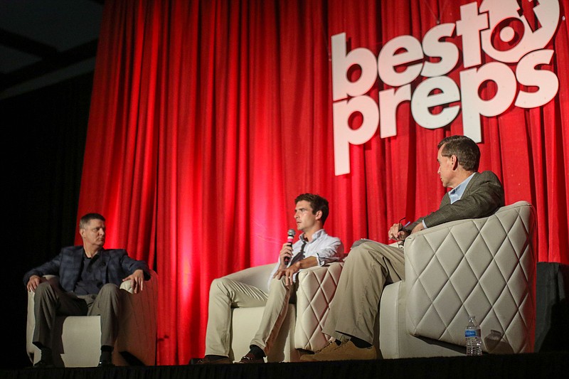 Staff photo by Olivia Ross  / Stetson Bennett answers questions from hosts Stephen Hargis and David Paschall on June 8, 2022 at the Chattanooga Convention Center. The Best of Preps Awards Banquet honors the top student-athletes in the region.