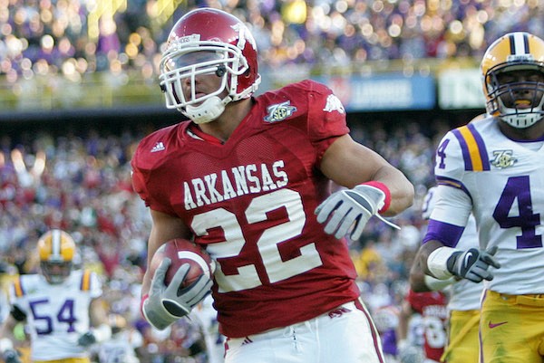 Arkansas running back Peyton Hillis scores a touchdown during a game against LSU on Friday, Nov. 23, 2007, in Baton Rouge, La.