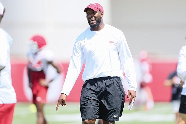 Arkansas receivers coach Kenny Guiton is shown during practice Monday, Aug. 8, 2022, in Fayetteville.