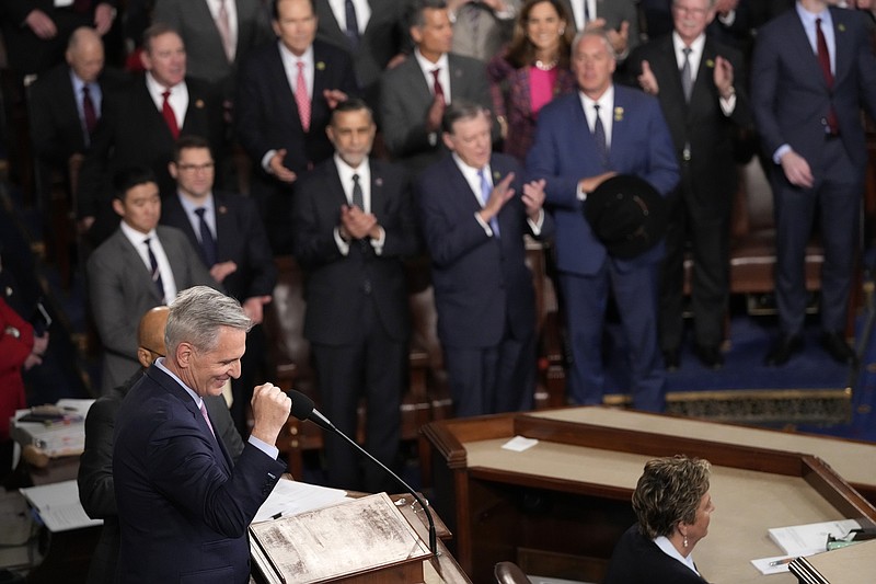 Newly elected Speaker of the House Kevin McCarthy of Calif., swears in members of the 118th Congress in Washington, early Saturday, Jan. 7, 2023. (AP Photo/Alex Brandon)