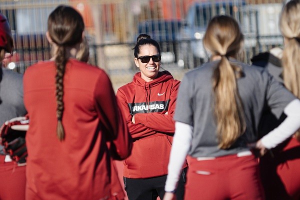 Arkansas softball coach Courtney Deifel talks to players, Sunday, January 8, 2023 during a practice at Bogle Park in Fayetteville. Visit nwaonline.com/photos for the photo gallery.