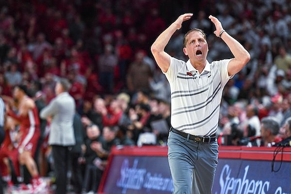 Arkansas coach Eric Musselman is shown during a game against Alabama on Wednesday, Jan. 11, 2023, in Fayetteville.