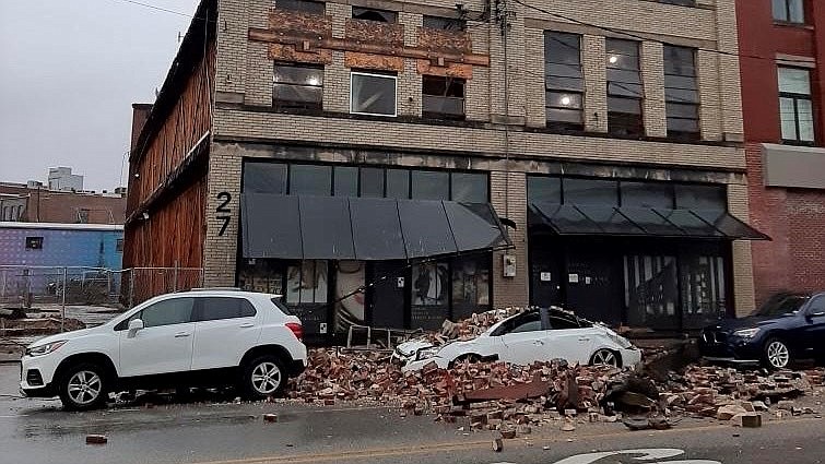 Chattanooga Fire Department / A brick wall on a downtown Chattanooga building collapsed Thursday, crushing a car.