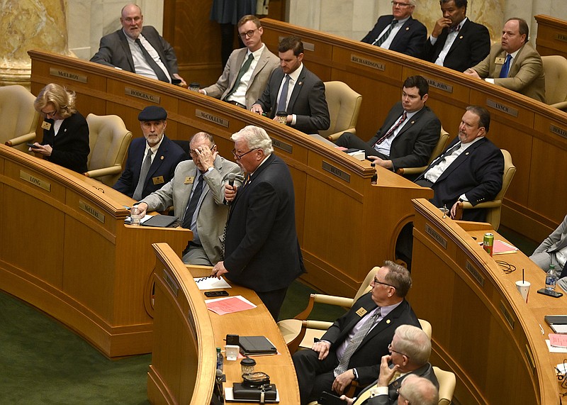Arkansas Rep. Stan Berry, R-Dover, makes an announcement from his seat on the House floor at the state Capitol in Little Rock on Thursday. An earlier version of this caption incorrectly identified Berry’s hometown. (Arkansas Democrat-Gazette/Stephen Swofford)