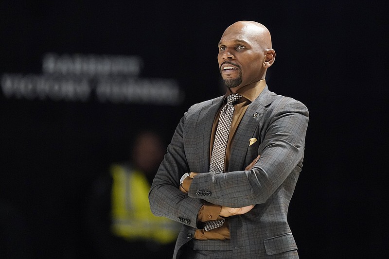 Vanderbilt head coach Jerry Stackhouse watches the action in the first half of an NCAA college basketball against Morehead State game Friday, Nov. 18, 2022, in Nashville, Tenn. (AP Photo/Mark Humphrey)
