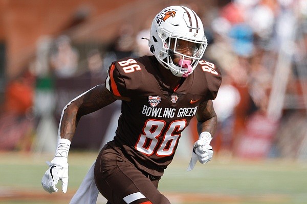 Bowling Green wide receiver Tyrone Broden (86) runs a route against the Akron during an NCAA football game on Saturday, Oct. 9, 2021, in Bowling Green, Ohio. (AP Photo/Rick Osentoski)